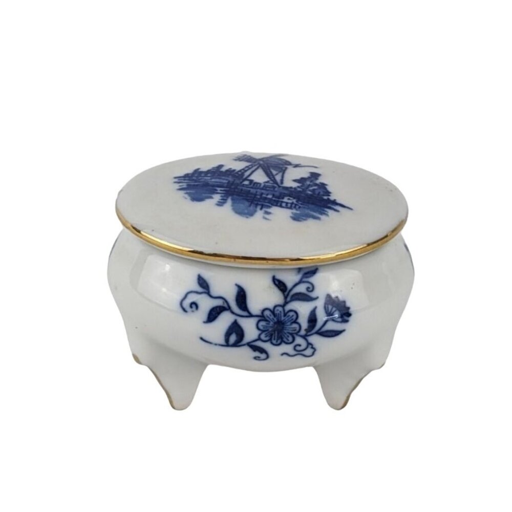Vintage Blue Delft Holland‎ Windmill Hand Painted 2” Trinket Dish Pill Box Japan